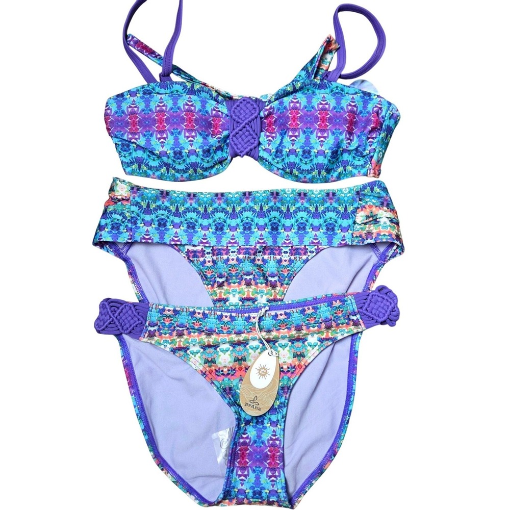 NWT Prana UPF 50 Bikini Swim Set 3 Piece Bandeau Top Braided Bottoms XS